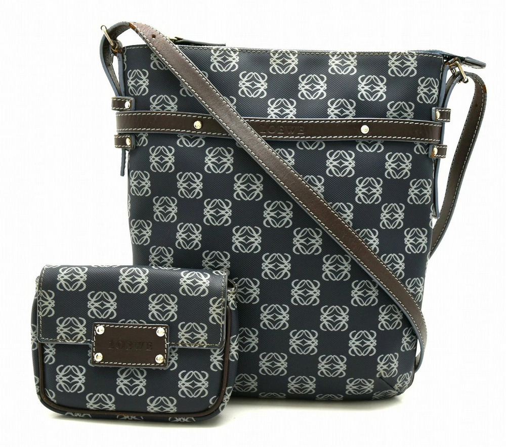 Loewe Anagram Canvas Leather Crossbody Bag Navy Blue Dark Brown